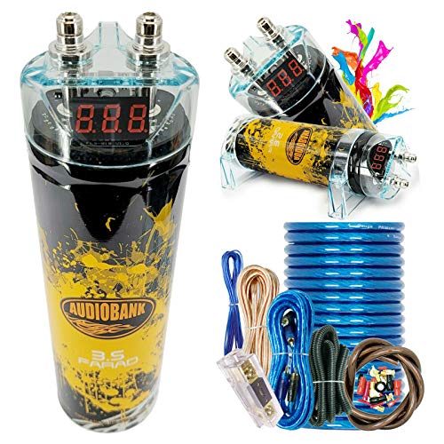Audiobank 3.5 Farad Capacitor Car Audio 3500 Watts Power 12V Car Digital Power and Audiotek AT-BCC4AB Complete 4 Gauge Car Amplifier Installation Wiring Kit Blue Audiobank 3.5 Farad Capacitor Car Audio 3500 Watts Power 12V Car Digital Power and Audiotek AT-BCC4AB Complete 4 Gauge Car Amplifier Installation Wiring Kit Blue